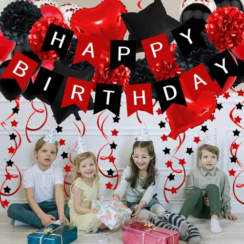 Miniatura 6 de ZERODECO Decoraciones de cumpleaños, decoraciones de fiesta en negro y rojo con pancarta de feliz cumpleaños, pompones, globos para niños, niñas