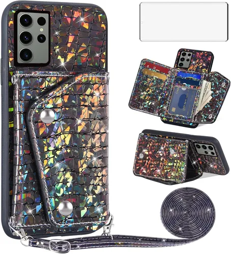 Asuwish Funda de teléfono para Samsung Galaxy S23 Ultra 5G Funda tipo cartera con protector de pantalla y soporte para tarjetas, accesorios de piel