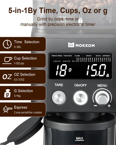 Miniatura 5 de MOKKOM Molinillo de café eléctrico con báscula de café extraíble, molinillo de granos de café cónico antiestático, 31 ajustes precisos para verter