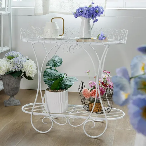 Miniatura 10 de Estante largo negro de doble capa, soporte de metal estilo patio francés para plantas altas en maceta, soporte resistente para macetas interiores