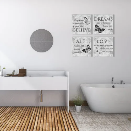 Miniatura 2 de Arte de pared inspirador de mariposas, 4 paneles de impresión en lienzo gris, decoración de pared en lienzo con texto en inglés «Faith Love Dreams