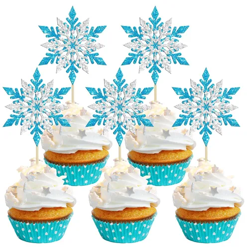 Miniatura 29 de Gyufise 24 adornos de copos de nieve Oh Baby para cupcakes con purpurina azul, decoración de pastel de baby shower congelado para baby shower