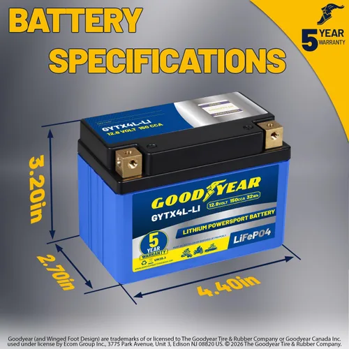 Miniatura 2 de Goodyear GYTX4L-LI LiFePO4 LiFePO4 12.8V 150CCA Batería recargable de alto rendimiento Powersport con reemplazo inteligente BMS para motocicleta