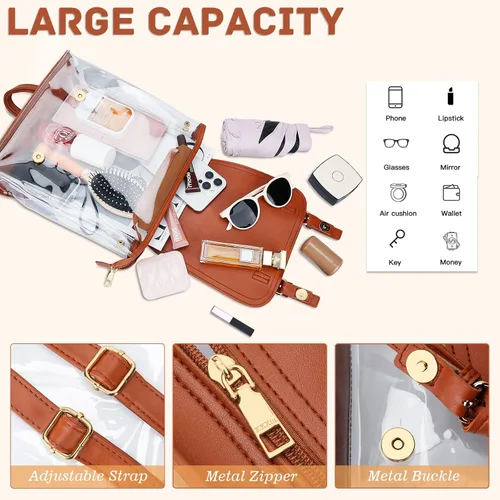Miniatura 3 de KKXIU Mochila transparente de moda, aprobada para estadios, bolsa escolar transparente para mujeres y adolescentes, Marrón, Mochilas Daypack
