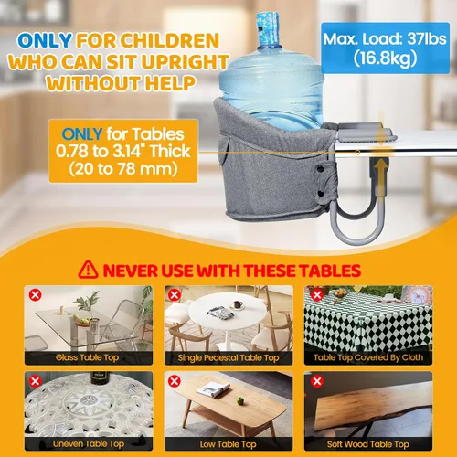Miniatura 4 de Orzbow Silla alta de gancho, asiento de mesa portátil para bebés y niños pequeños de 6 a 36 meses, silla alta plegable con clip con bolsa de Gris