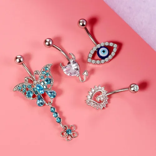 Miniatura 7 de 15 anillos de ombligo de acero inoxidable de 14 G para mujer con circonita cúbica AAA