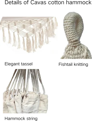 Miniatura 5 de Hamaca de macramé doble boho de lona de algodón, hamaca portátil de repuesto de 440 libras, capacidad de carga blanca