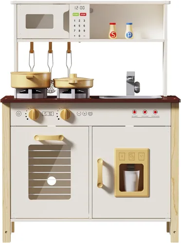 Miniatura 7 de Babytronic Cocina de Juego para Niños, Set de Cocina de Madera para Niños de 3+ Años con Luces Reales, Sonidos, Estufa, Fregadero, Horno, y 30 Blanco