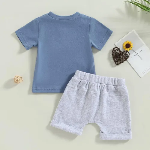 Miniatura 54 de Conjunto de traje de verano para bebé niño pequeño, manga corta, cuello redondo, letras impresas, lindo traje de verano, conjunto de 2 piezas