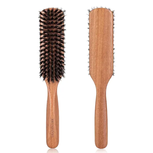 BRUSHZOO - Cepillo de pelo de cerdas de jabalí para mujeres y hombres, pelo corto y fino, mango de haya, cepillo para peinar y alisar