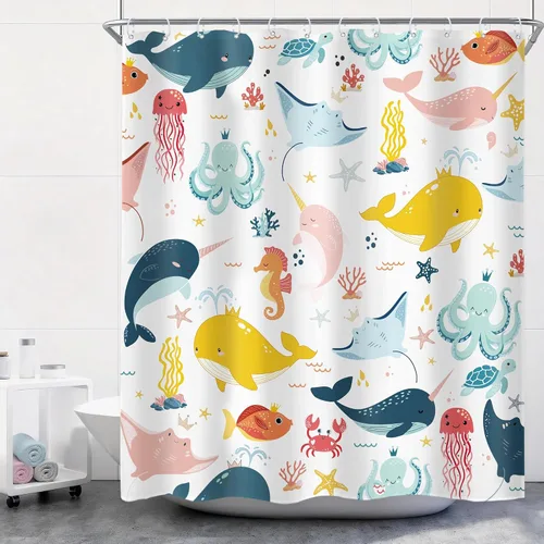 Miniatura 20 de Riyidecor Ocean - Cortina de ducha para niños, 60 pulgadas de ancho x 72 pulgadas de alto, diseño de ballena, dibujos animados, animales, delfín