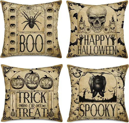 Juego de 4 fundas de almohada de 16 x 16 pulgadas con texto en inglés «Happy Halloween» de Halloween con diseño de calabaza espeluznante y B Vintage