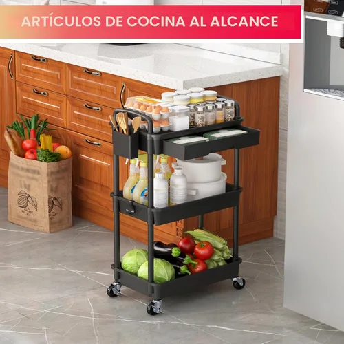 Miniatura 7 de Goovilla Organizador de carrito utilitario de 3 niveles con cajón extraíble, carritos de almacenamiento rodantes negros estables y resistentes con 2
