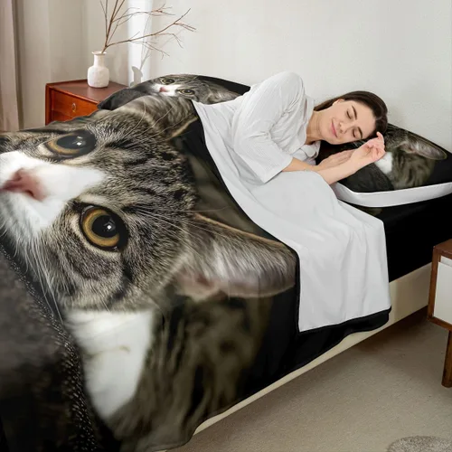 Miniatura 4 de Feelyou Juego de sábanas de gatos con patrón de animales 3D para niños y niñas, decoración de gatos, gatitos, juego de cama marrón y gris, 3 piezas