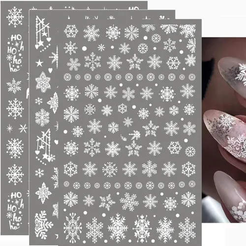 Miniatura 6 de Calcomanías de arte de uñas de copo de nieve, calcomanías de copo de nieve blanco 3D, diseños de Navidad, calcomanías de uñas autoadhesivas