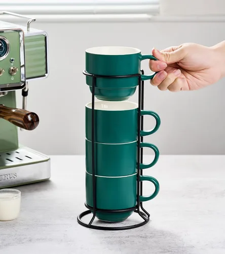 Miniatura 5 de YHOSSEUN Tazas de café apilables, juego de 4 tazas de café con estante y cucharas, juego de tazas de té de 11 onzas para bebidas espresso, capuchino