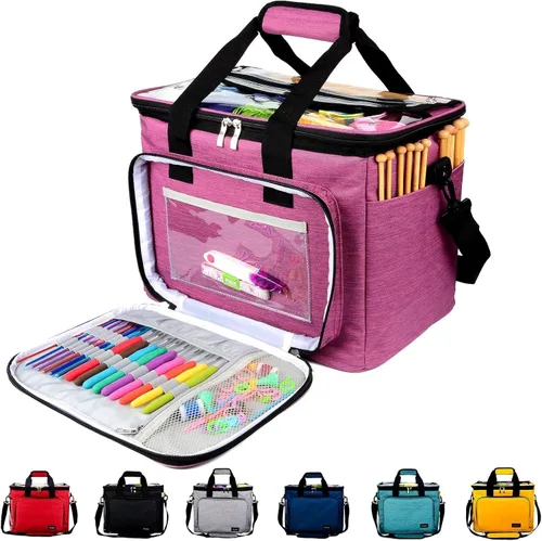 Miniatura 10 de Hoshin Bolsa de tejer para almacenamiento de hilos, organizador de bolsas de hilo de alta capacidad con divisor interior, portátil para llevar