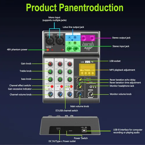 Miniatura 3 de Mezclador de audio profesional Aveek, consola de mezcla de placa de sonido con 4 canales digitales USB Bluetooth, efecto de eco y retardo, entrada