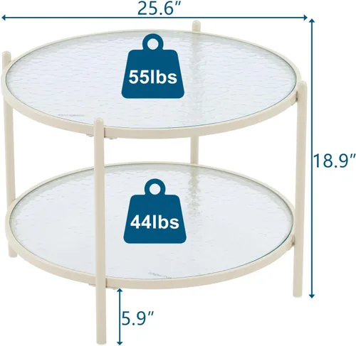 Miniatura 2 de VINGLI Mesa de Centro Redonda Pequeña de 25.6" Blanco Crema con Vidrio de Onda de Agua Círculo Transparente Mesa de Centro, Mesa Central con Diseño