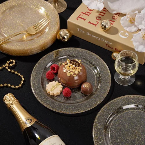 Miniatura 4 de Liacere 100 platos de plástico dorados, platos desechables de purpurina dorada para aperitivos, platos de ensalada/postre de plástico de alta