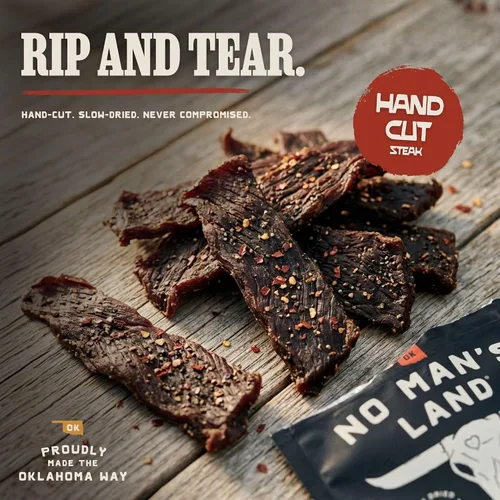 Miniatura 7 de No Man's Land - Carne seca de carne seca de pimiento rojo triturada, filete cortado a mano, secado lento, 0.76 onzas de proteína por porción, 0.00