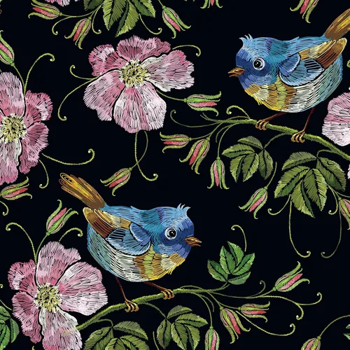 Miniatura 7 de CHIHUT Papel tapiz bordado de 17.7 x 100 pulgadas, diseño floral de pájaro, color negro, rosa, flores silvestres, azul, Wren, papel tapiz