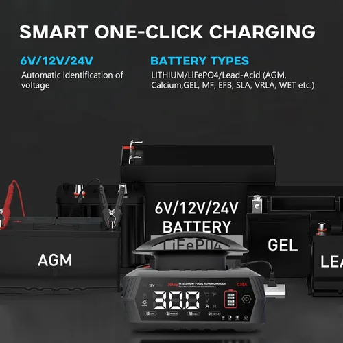 Miniatura 3 de Cargador de batería de 30 amperios, 6 V/12 V/24 V de plomo-ácido, litio, cargador de batería inteligente LiFePo4, cargador portátil de pantalla