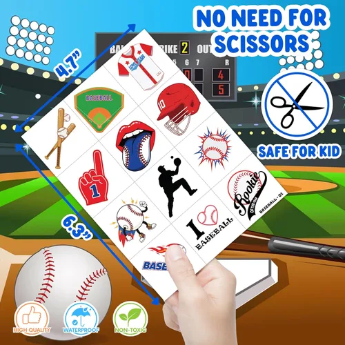 Miniatura 4 de 120 tatuajes temporales precortados para deportes de béisbol para niños Recuerdos de fiesta de cumpleaños con temática de béisbol súper lindos
