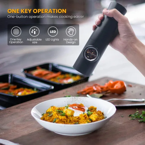 Miniatura 5 de KISUFU Juego de molinillo eléctrico de sal y pimienta, molienda automática a pilas, arranque con un solo botón, molinillo de operación automática