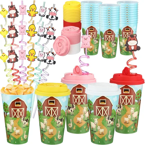 Miniatura 22 de Yungyan 16 juegos de tazas de golosinas con tapas y pajitas para decoraciones de cumpleaños, reutilizables, 16 onzas, vasos de plástico para dulces