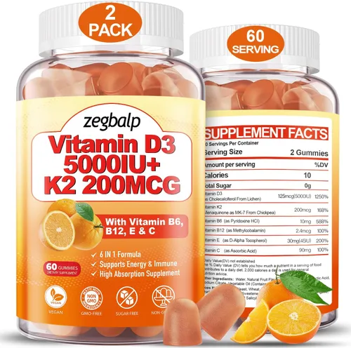 Paquete de 2 gomitas de vitamina D3 K2 para adultos, vitamina D3 sin azúcar, 5000IU + K2(MK-7) Suplemento de 200 mcg con complejo de vitamina B y