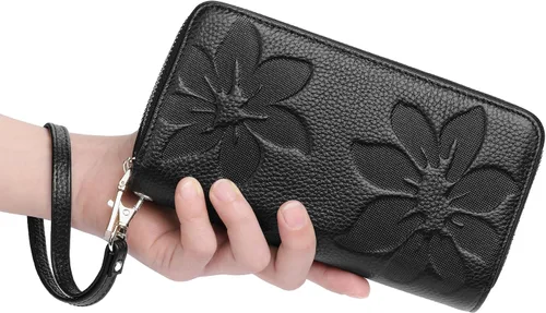 Miniatura 8 de GOIACII Cartera de mujer de gran capacidad con doble cremallera para mujer, soporte para teléfono con bloqueo RFID, correa de cuero
