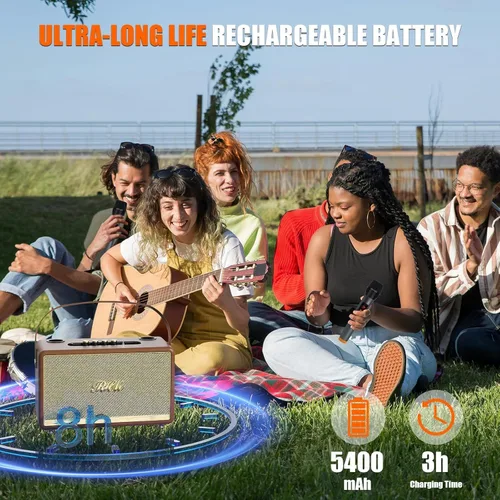 Miniatura 5 de Máquina de karaoke RHM S8, compatible con 3 micrófonos y ajuste de graves/agudos/eco/alto, 6 modos de música, 8H de tiempo de reproducción