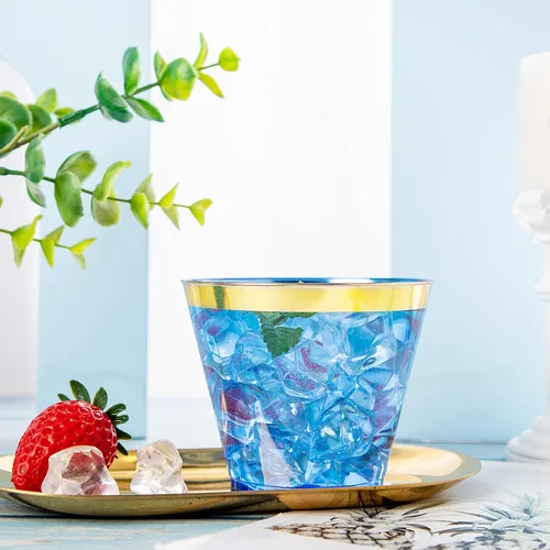 Miniatura 3 de Nervure 240 vasos de plástico azules – Vasos de plástico con borde dorado de 9 onzas – Taza azul desechable resistente con borde dorado perfecto