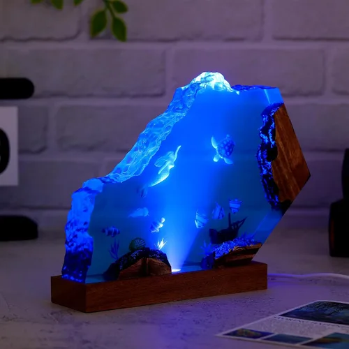 Miniatura 2 de Drawelry Lámpara creativa de luz de madera de resina epoxi, hecha a mano, con forma de onda profunda, lámpara de océano acuático profundo, buceador