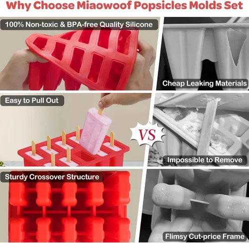 Miniatura 4 de Miaowoof Moldes caseros para paletas, fabricante de paletas de hielo de silicona sin BPA de 10 cavidades, con 50 palitos, 50 bolsas, 10 palitos
