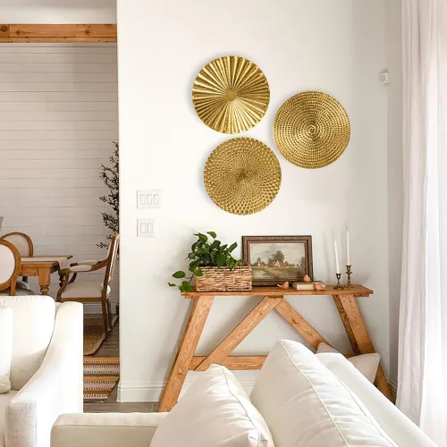 Miniatura 5 de Briful Juego de 3 decoraciones de pared doradas de 30 cm de metal con diseño de estrellas radiantes, placa radial, arte de pared moderno