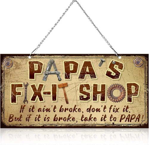 Papa Gifts - Letrero colgante de metal de 12 x 6 pulgadas con texto en inglés "Papa's Fix-it" (Papa's Fix-it), vintage, decorativo, para garaje,
