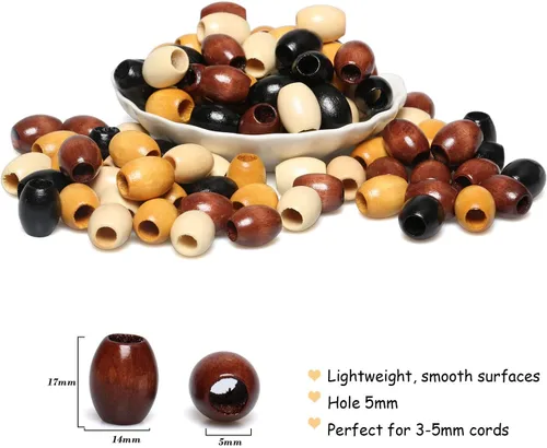 Miniatura 2 de Woodeni - 160 piezas de cuentas de madera ovaladas de 17 x 14 mm en Beige, Café, Marrón y Negro, cuentas de madera de barril con agujero grande