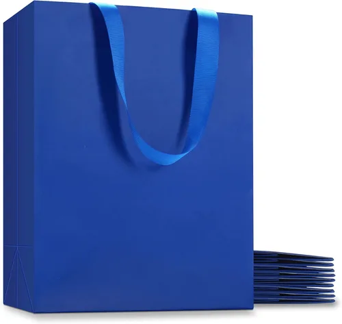 Bolsas de regalo azules, 10 unidades, 8 x 4.25 x 10.5 pulgadas, bolsas de regalo de papel azul mediano con asas de cinta, multiusos, boda,