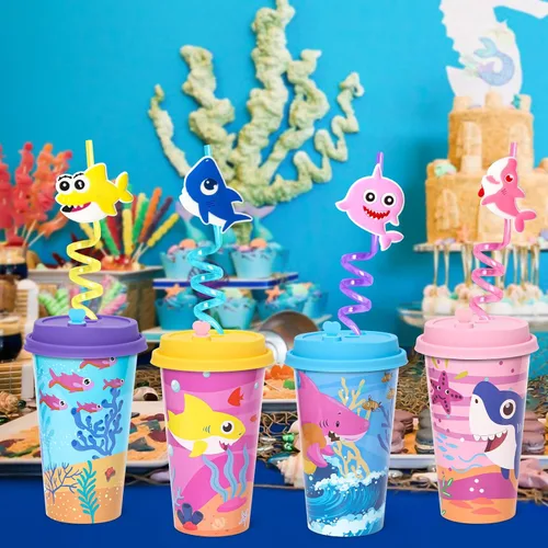 Miniatura 6 de Lidmada Vasos de regalo con tapas para fiestas de tiburón, paquete de 24 tazas de fiesta de cumpleaños en 4 colores, 16 onzas de plástico