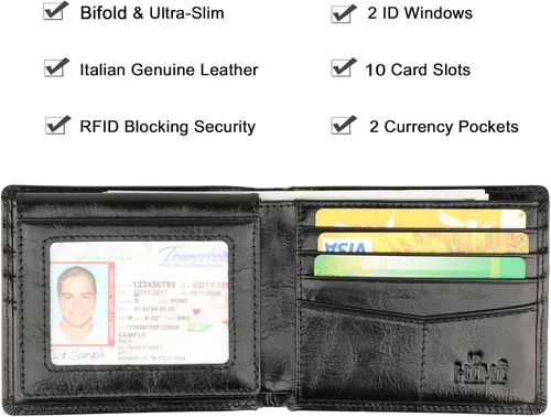 Miniatura 3 de Cartera para hombre-Cuero Genuino RFID Bloqueo Billetera Bifold Elegante Con Ventana 2 ID