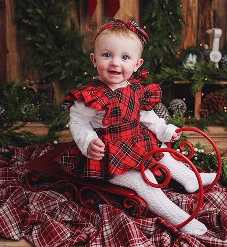 Miniatura 3 de GuliriFei Mameluco de Navidad para bebés y niñas, vestido de body rojo a cuadros para niños pequeños, manga con volantes, traje de fiesta