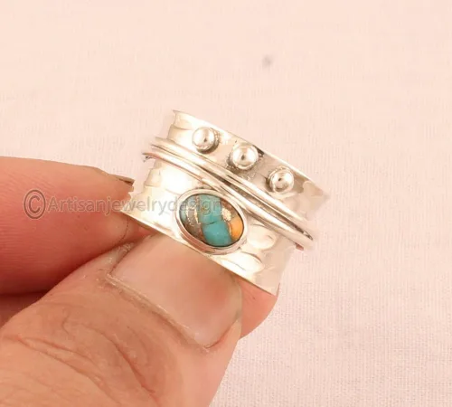 Miniatura 3 de Oyster Copper Turquoise Ring, 925 Sterling Silver Jewelry, Minimalist Ring For Women, Statement Spinner Ring, Fidget Spinner Ring, Anxiety Spinner