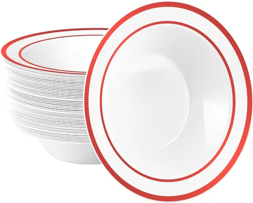 Goodluck Paquete de 50 cuencos de plástico con borde rojo, cuencos de sopa desechables de 12 onzas, cuencos de postre resistentes para bodas,