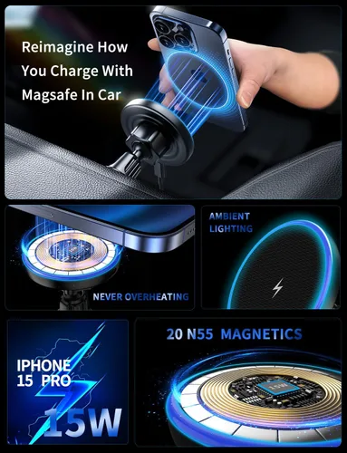 Miniatura 11 de Cargador de Montaje para Coche MagSafe, 3 en 1 [LED RGB Manos Libres] Cargador Inalámbrico para Coche, Soportes Magnéticos para Teléfono para tu