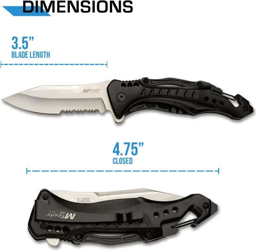 Miniatura 2 de MTech USA Cuchillo plegable - Hoja de acero inoxidable con acabado satinado parcialmente dentado, mango de aluminio negro, mosquetón, abrebotellas