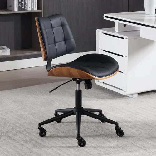 Miniatura 4 de Silla de escritorio de oficina en casa con ruedas, silla de oficina sin brazos de altura ajustable, piel sintética, respaldo medio, silla de Negro