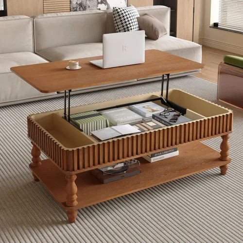 Miniatura 38 de 31.52" Square Lift Top Coffee Table with Storage, Natural Rattan & Hemp Rope, Adjustable Function, Vintage Farmhouse Center Table for Living Room