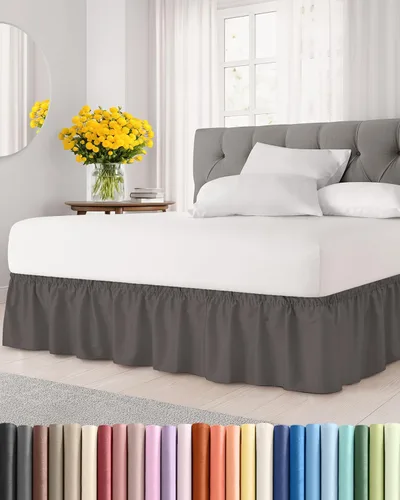 Falda de cama envolvente con volantes, color gris oscuro, para camas de tamaño Queen con altura de 53 cm CGK Linens - Falda de cama plisada con tela